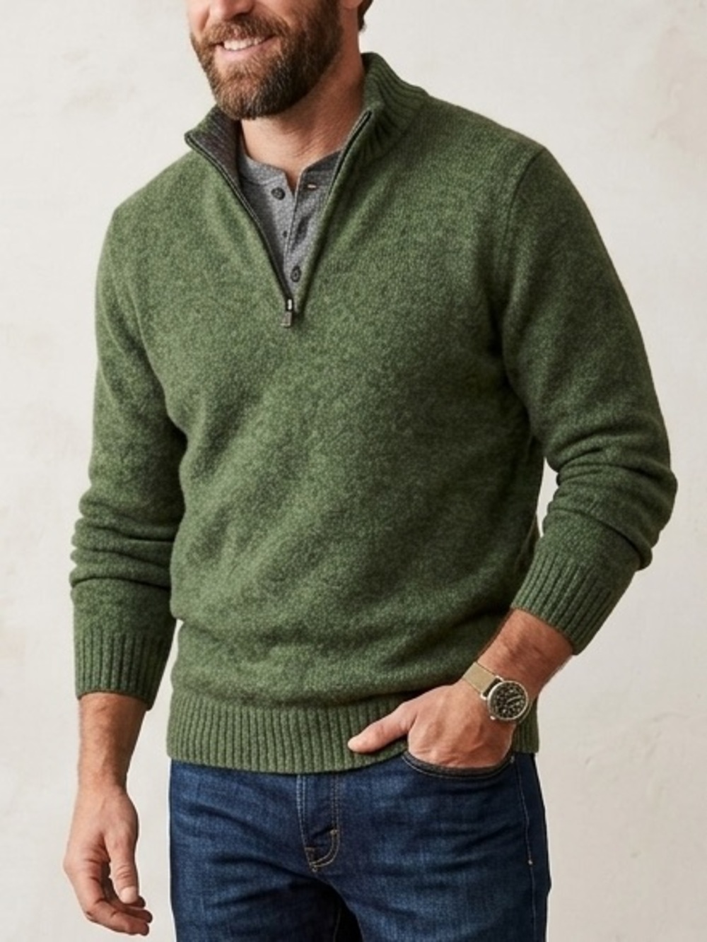 Vintage L.L. Bean Men's Olive Green Shetland Wool Zip-Neck Sweater Medium